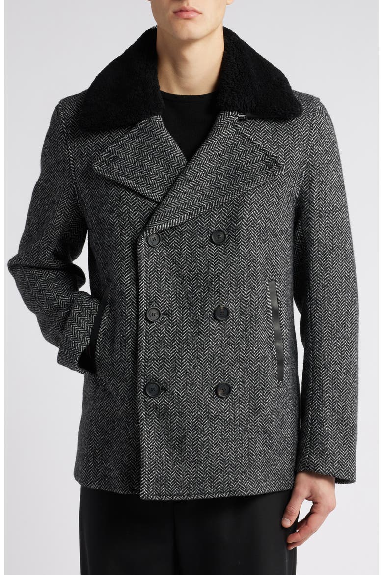 Cole Genuine Shearling Collar Wool Blend Peacoat, Alternate, color, BLACK-WHITE