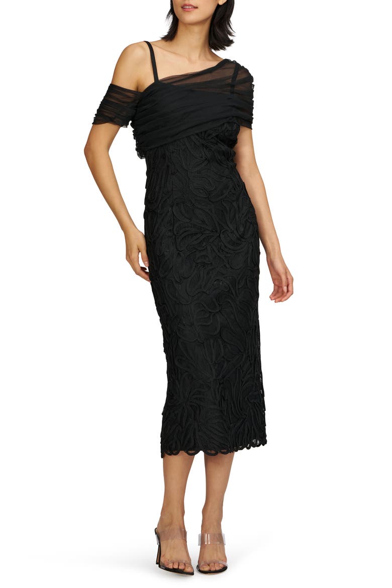 Addilyn Soutache Mesh Cold-Shoulder Cocktail Dress, Main, color, BLACK