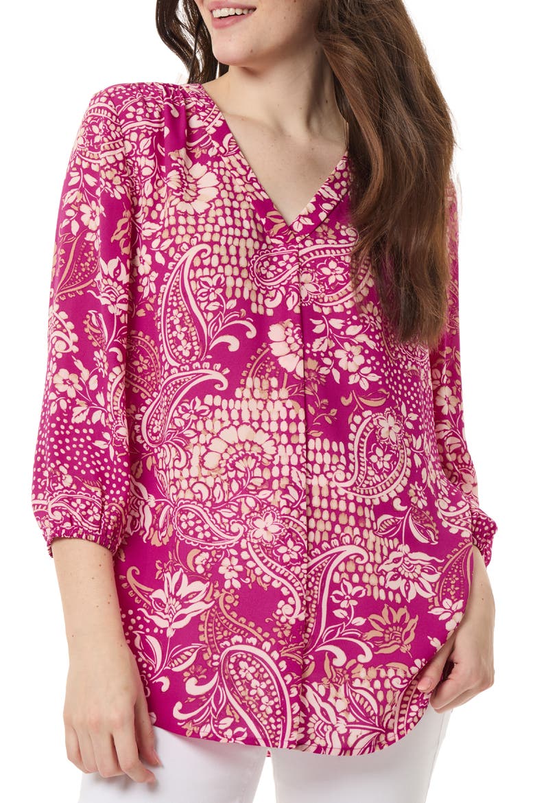 Paisley Print Pleat Front Tunic Top, Main, color, BRIGHT ORCHID MULTI