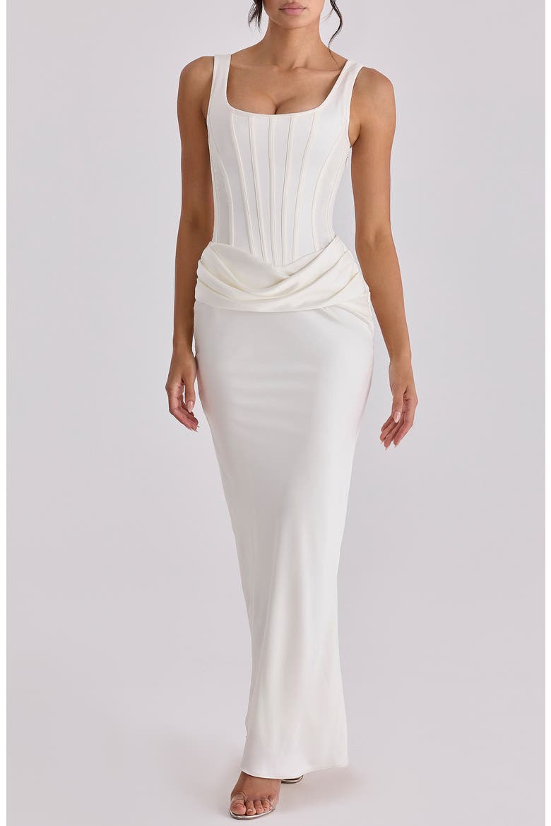 Kira Corset Bodice Satin Gown, Main, color, IVORY