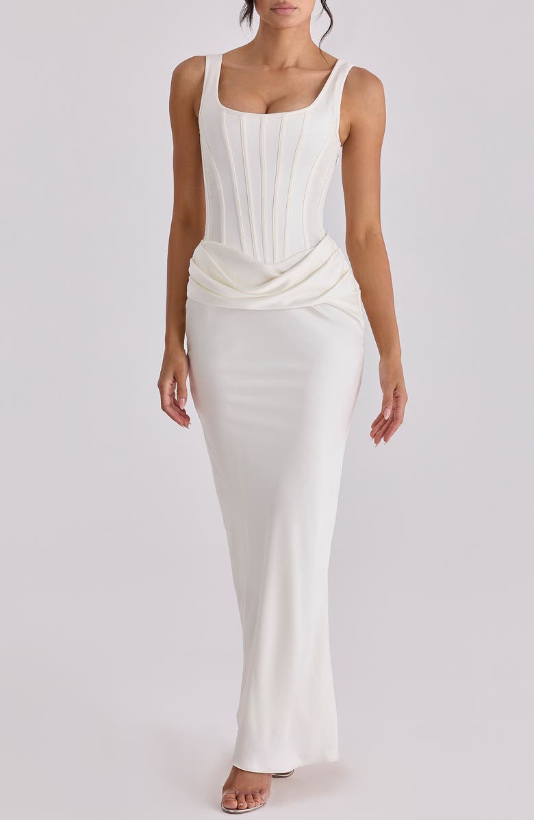 HOUSE OF CB Kira Corset Bodice Satin Gown, Main, color, Ivory