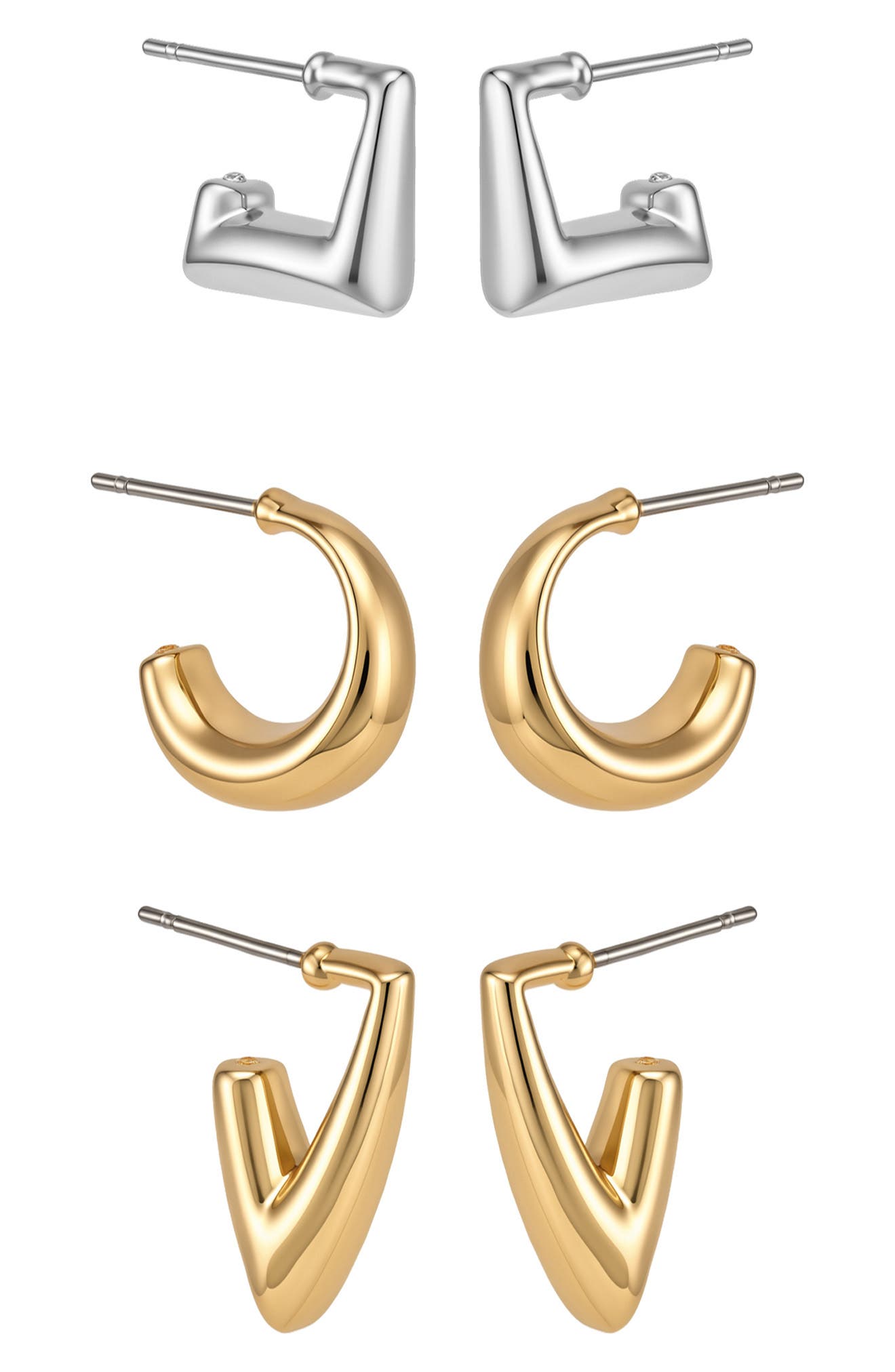 Set of 3 Two-Tone Geometric Hoop Earrings