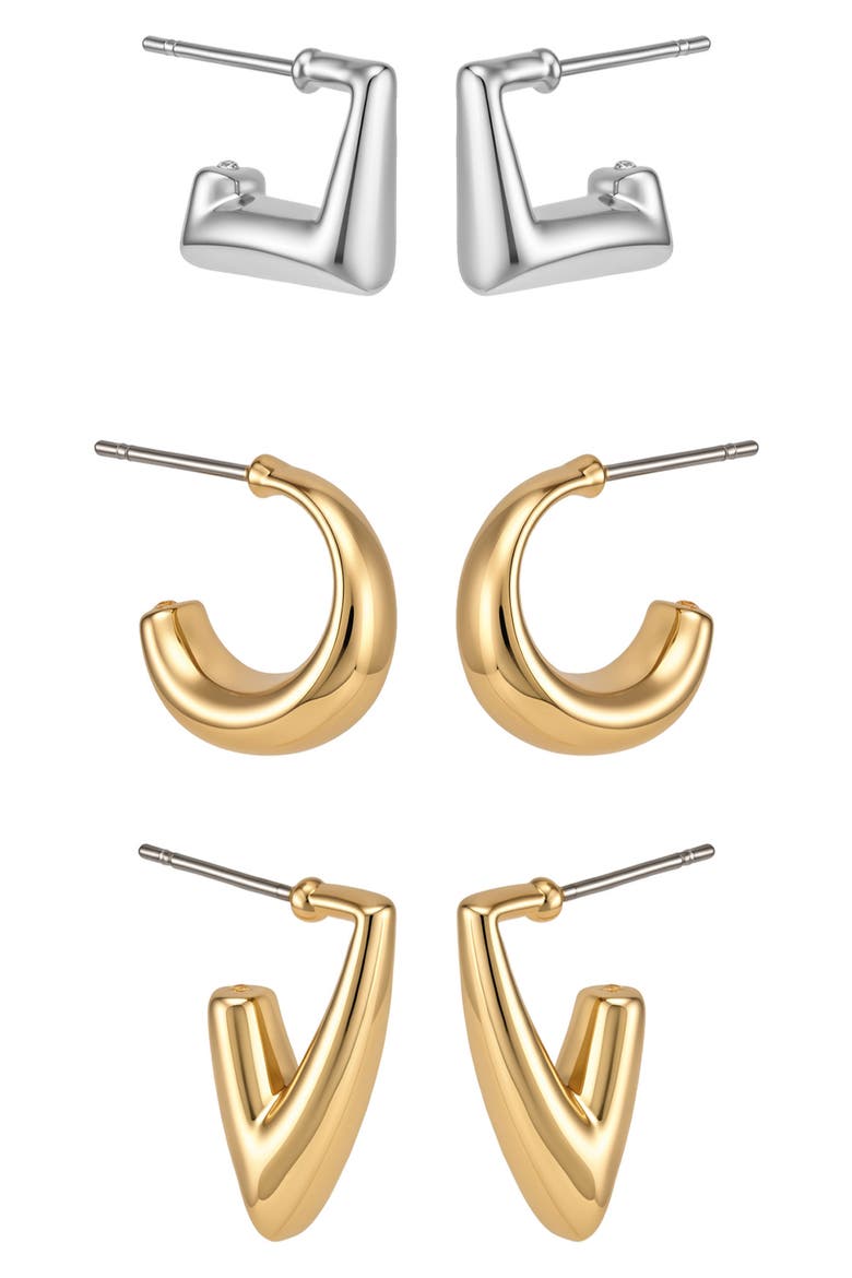 Set of 3 Two-Tone Geometric Hoop Earrings, Main, color, TWO TONE