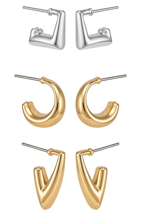 Set of 3 Two-Tone Geometric Hoop Earrings