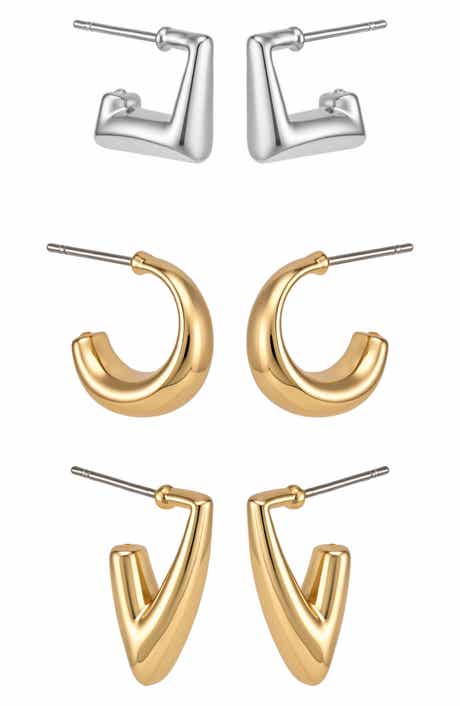 Set of 3 Two-Tone Geometric Hoop Earrings