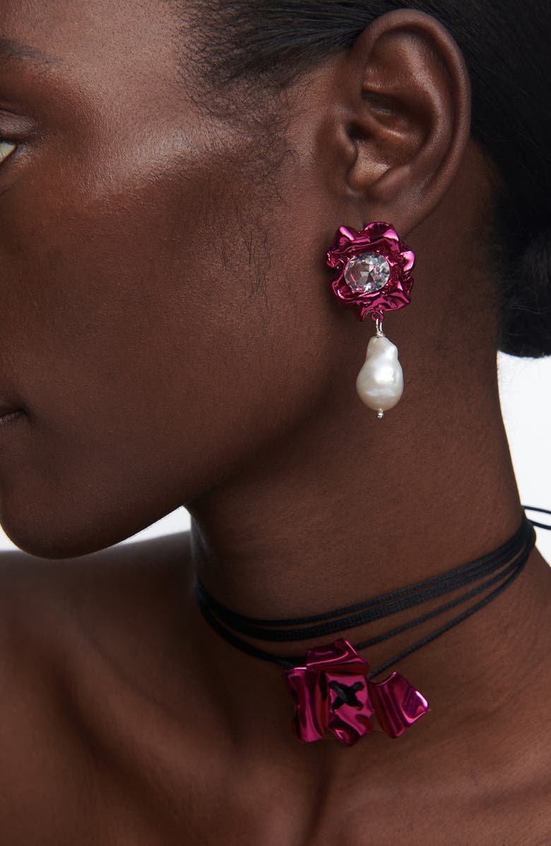 Sterling King Lola Floral Baroque Pearl Drop Earrings, Alternate, color, Fuchsia