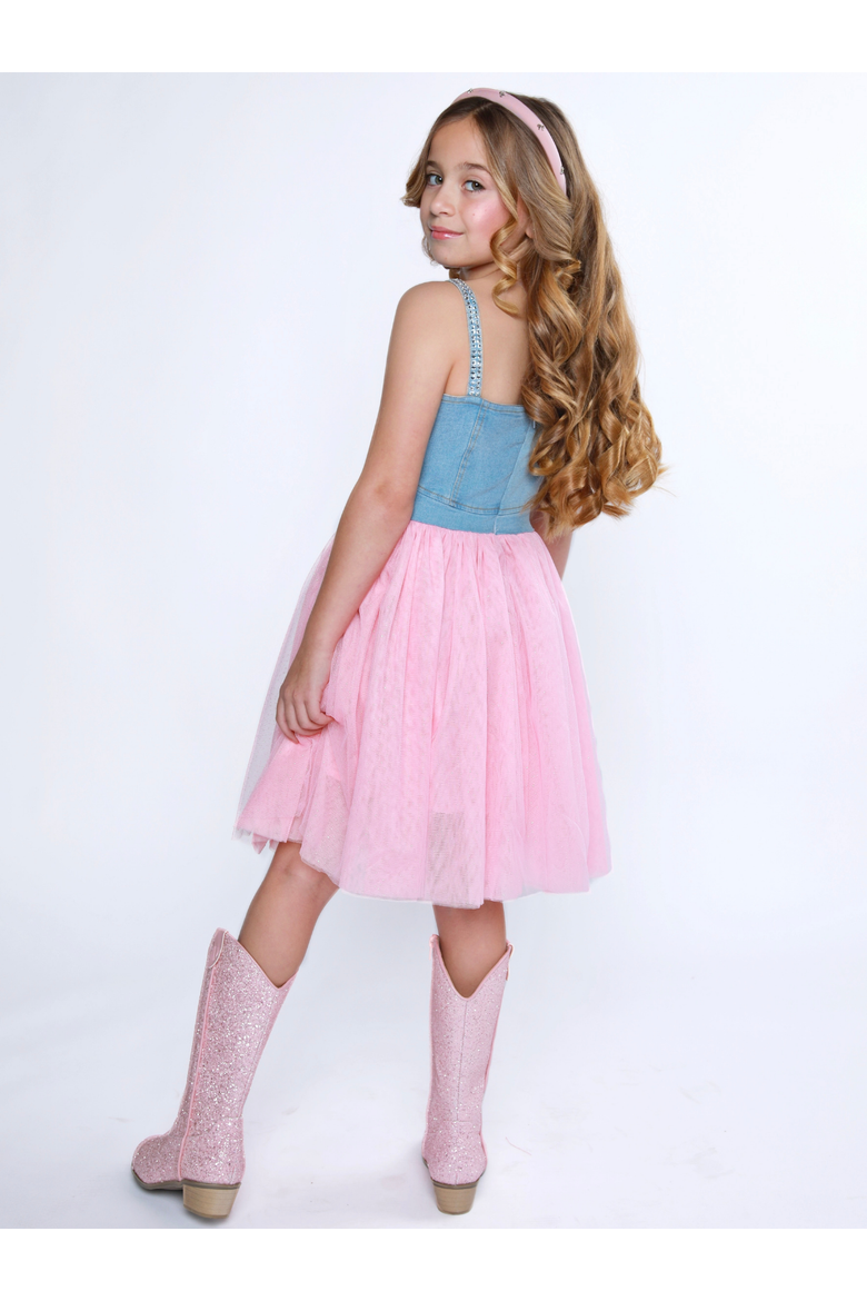 Sparkle Denim Bow Tulle Dress, Alternate, color, Pink