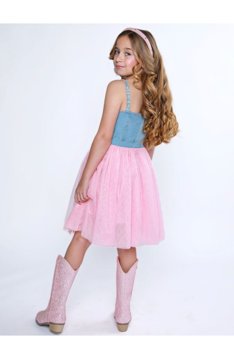 Mia Belle Girls Sparkle Denim Bow Tulle Dress, Alternate, color, Pink