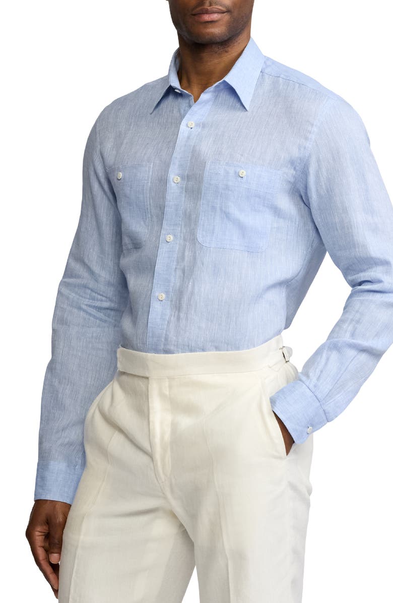 Ralph Lauren Purple Label Linen Chambray Button-Up Shirt, Alternate, color, Light Blue