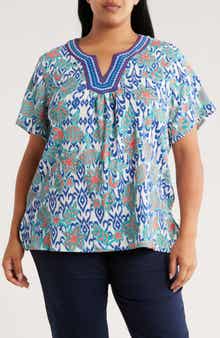 RUBY RD Embroidered Short Sleeve Crinkled Top