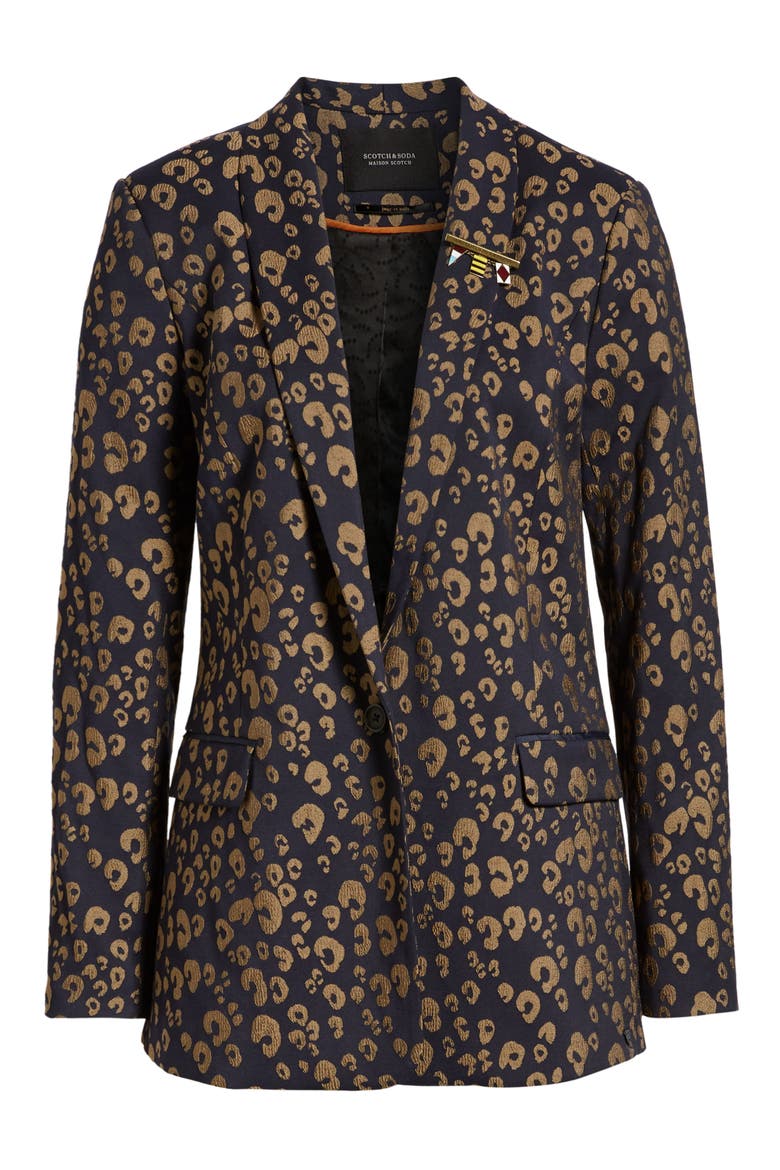 Stretch Jacquard Tailored Blazer, Alternate, color, NAVY W/ GOLD LEOPARD PRINT
