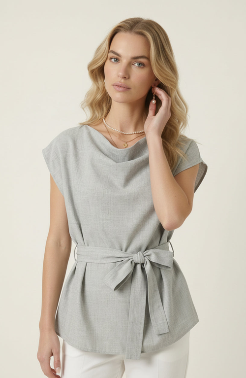 Modenaire Draped Neck Top In Light Grey