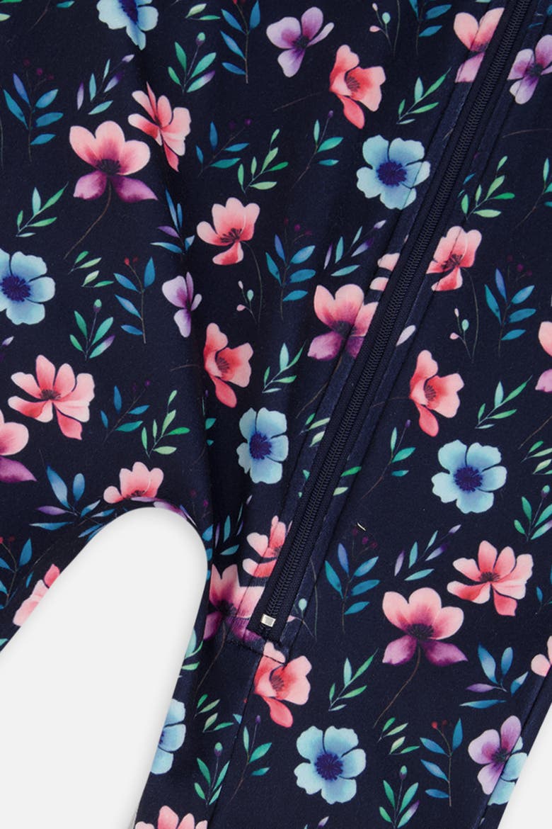 One Piece Stretch Fleece Asymmetric Zip Thermal Underwear, Alternate, color, Blue Floral Print