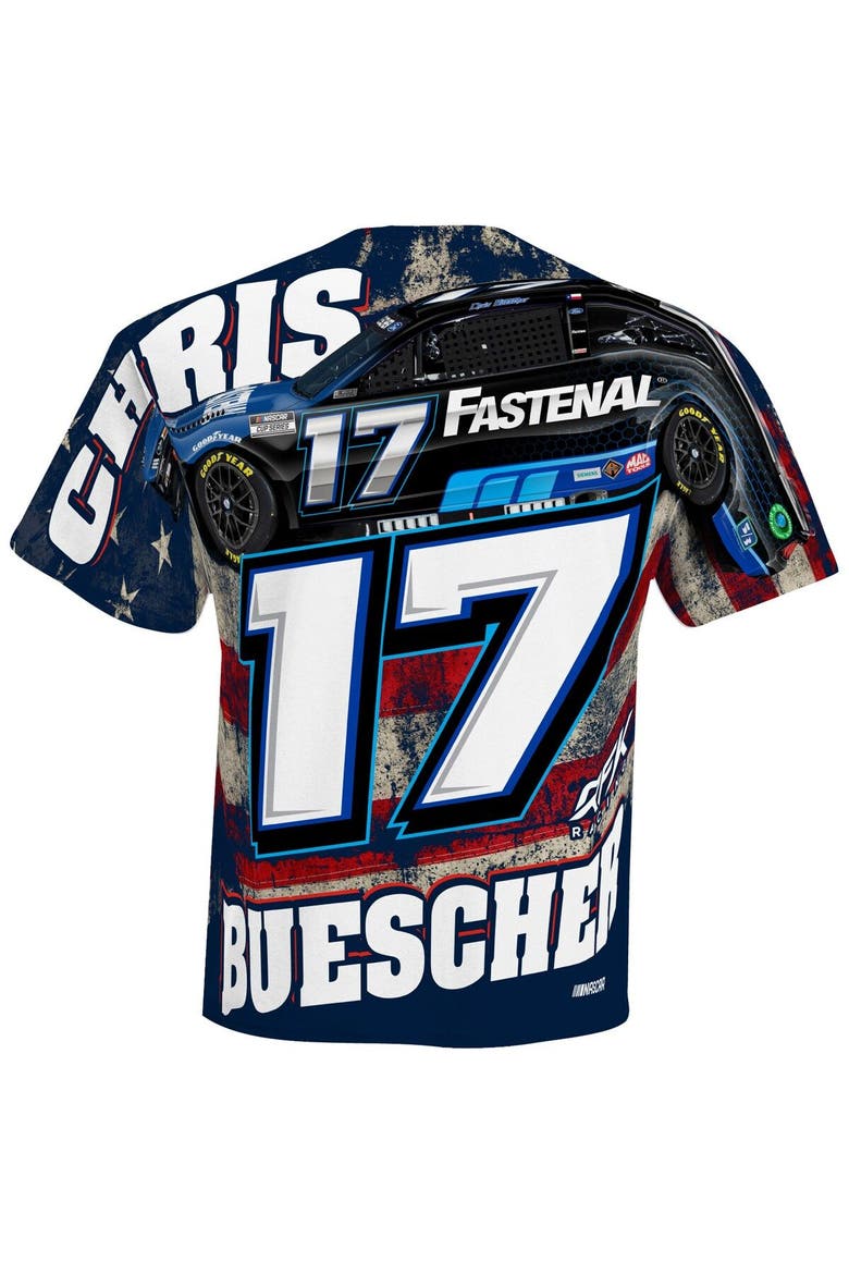 Men's Checkered Flag White Chris Buescher Fastenal Sublimated Patriotic Total Print T-Shirt, Alternate, color, White