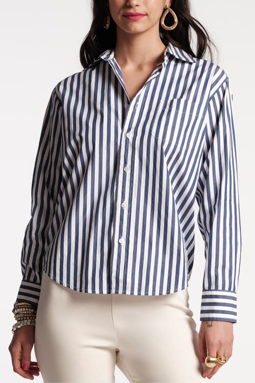 Frances Valentine Perfect Button Down Stripe Cotton Poplin in Navy/white 