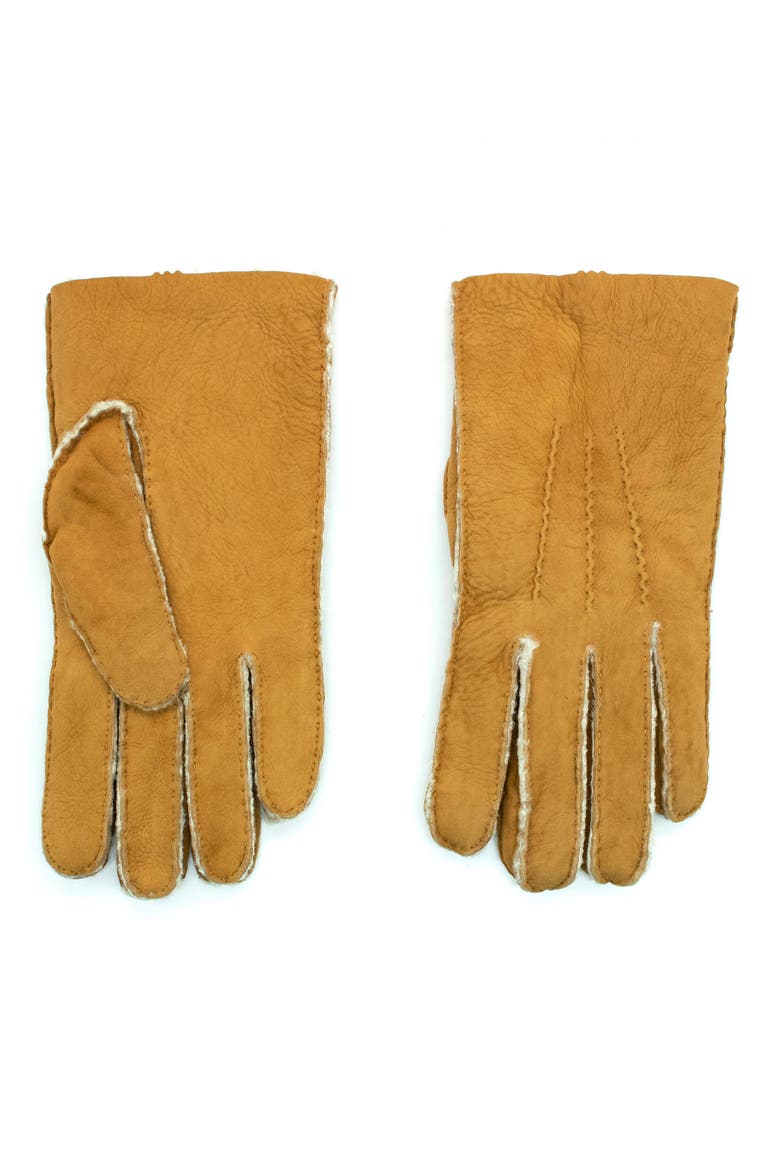 Genuine Shearling Leather Gloves, Main, color, DARK KHAKI/ WHITE