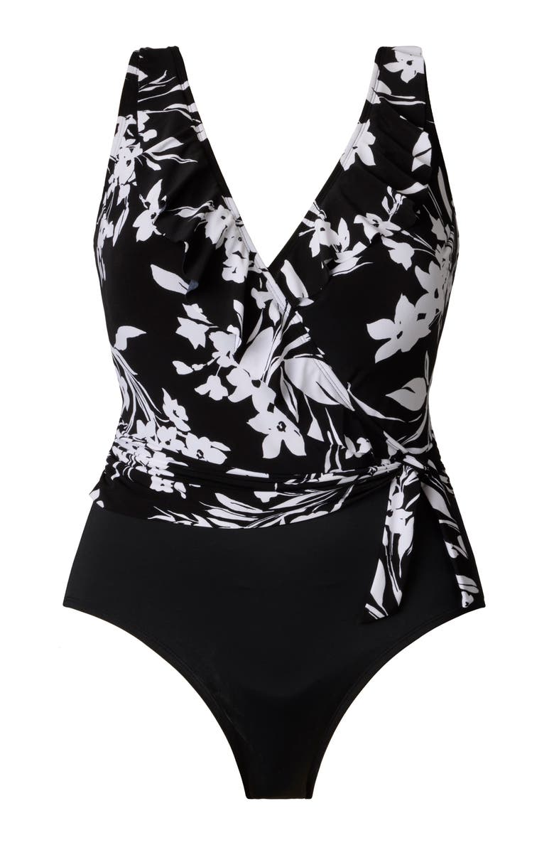 Longitude Ruffle Front Sash Surplice Long Torso One-Piece Swimsuit, Alternate, color, Vineyard Vacay