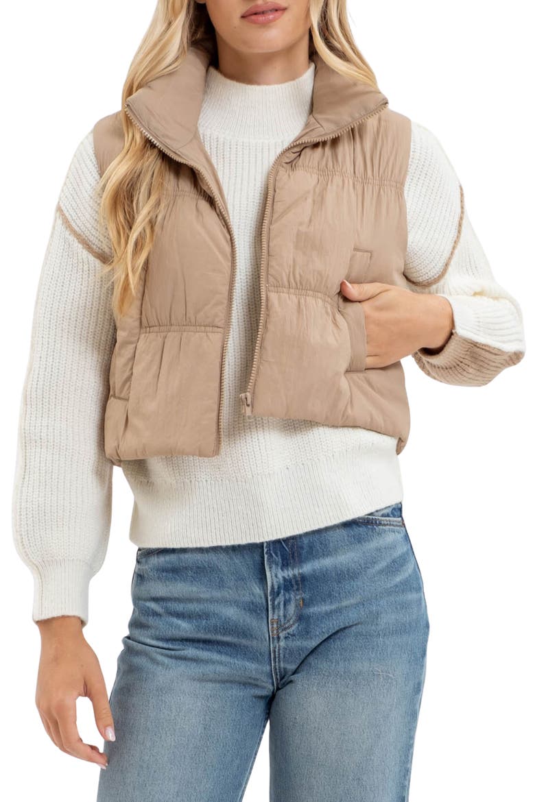 Collared Water Repellent Cropped Puffer Vest, Main, color, MOCHA