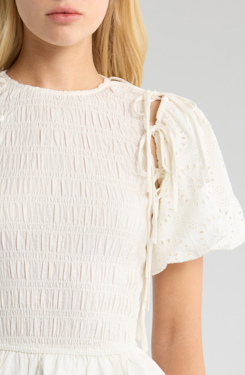 Damson Madder Lillian Puff Sleeve Smocked Organic Cotton Peplum Top, Alternate, color, White