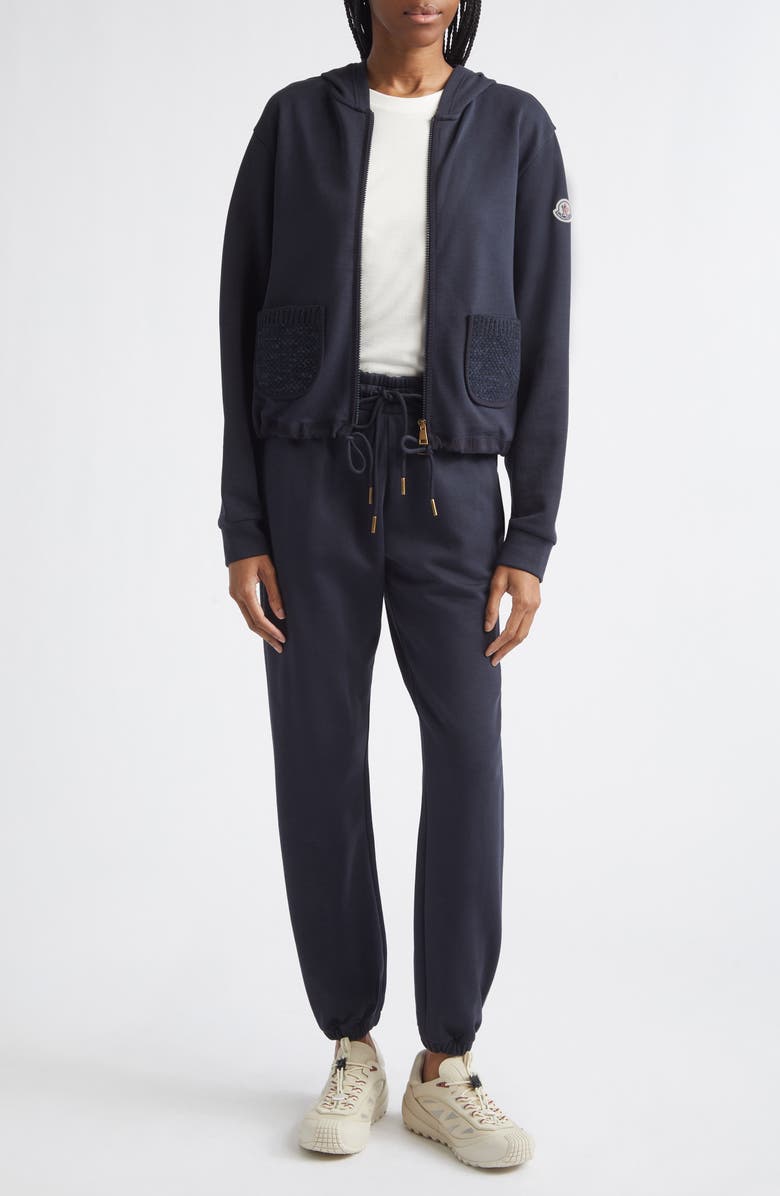 Moncler Mixed Media Zip Hoodie, Main, color, Blue