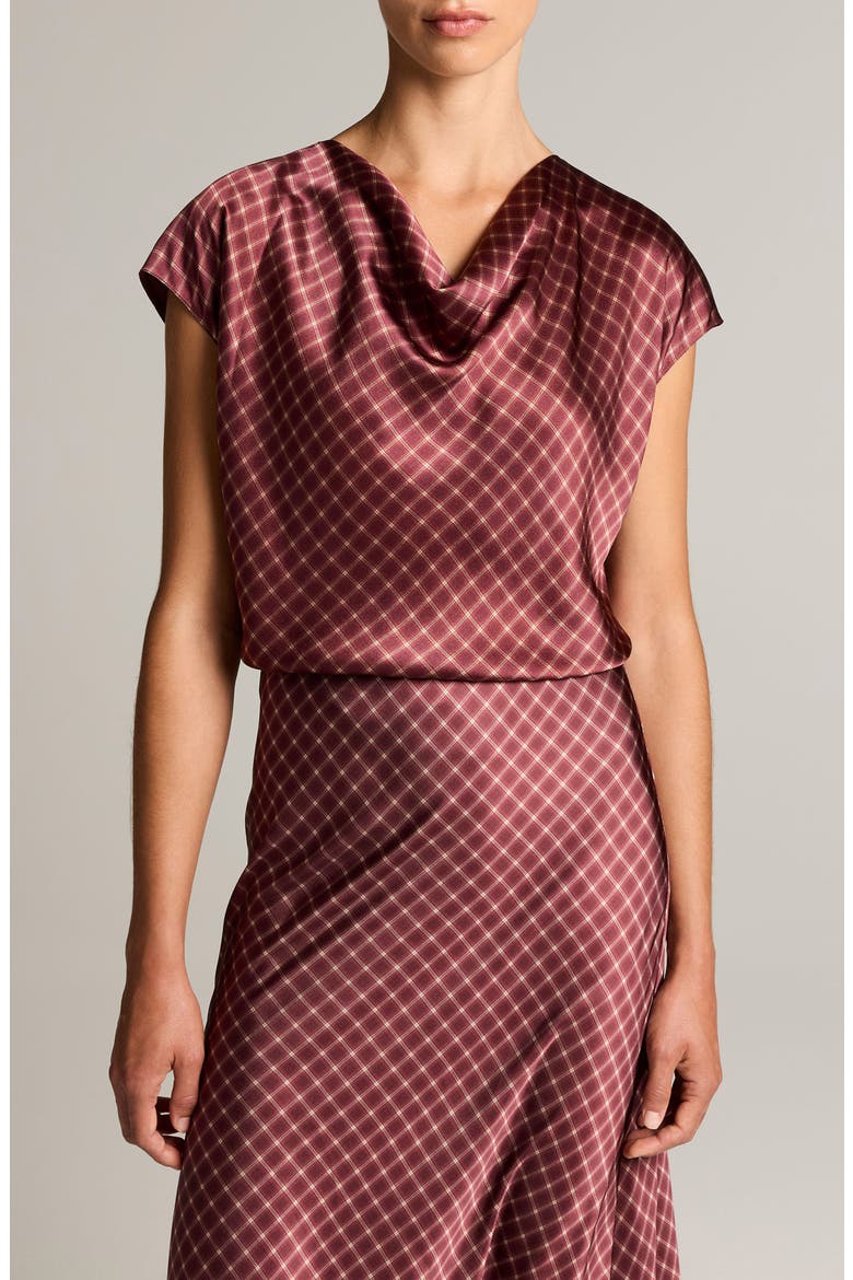 Ombr Plaid Silk Cowl Neck Top, Main, color, BLACK ROSE/ OAK BUFF
