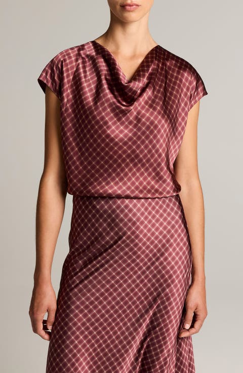 Ombr Plaid Silk Cowl Neck Top