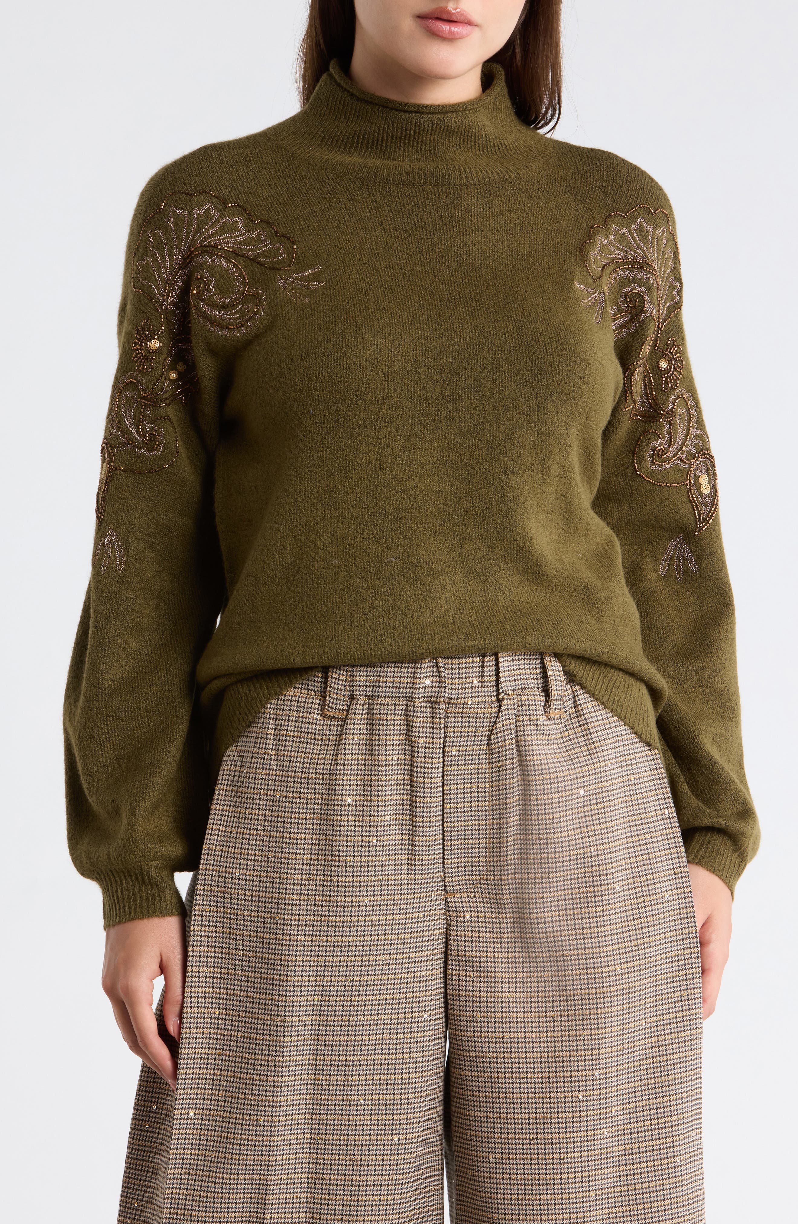 Democracy Paisley Beaded Mock Neck Sweater