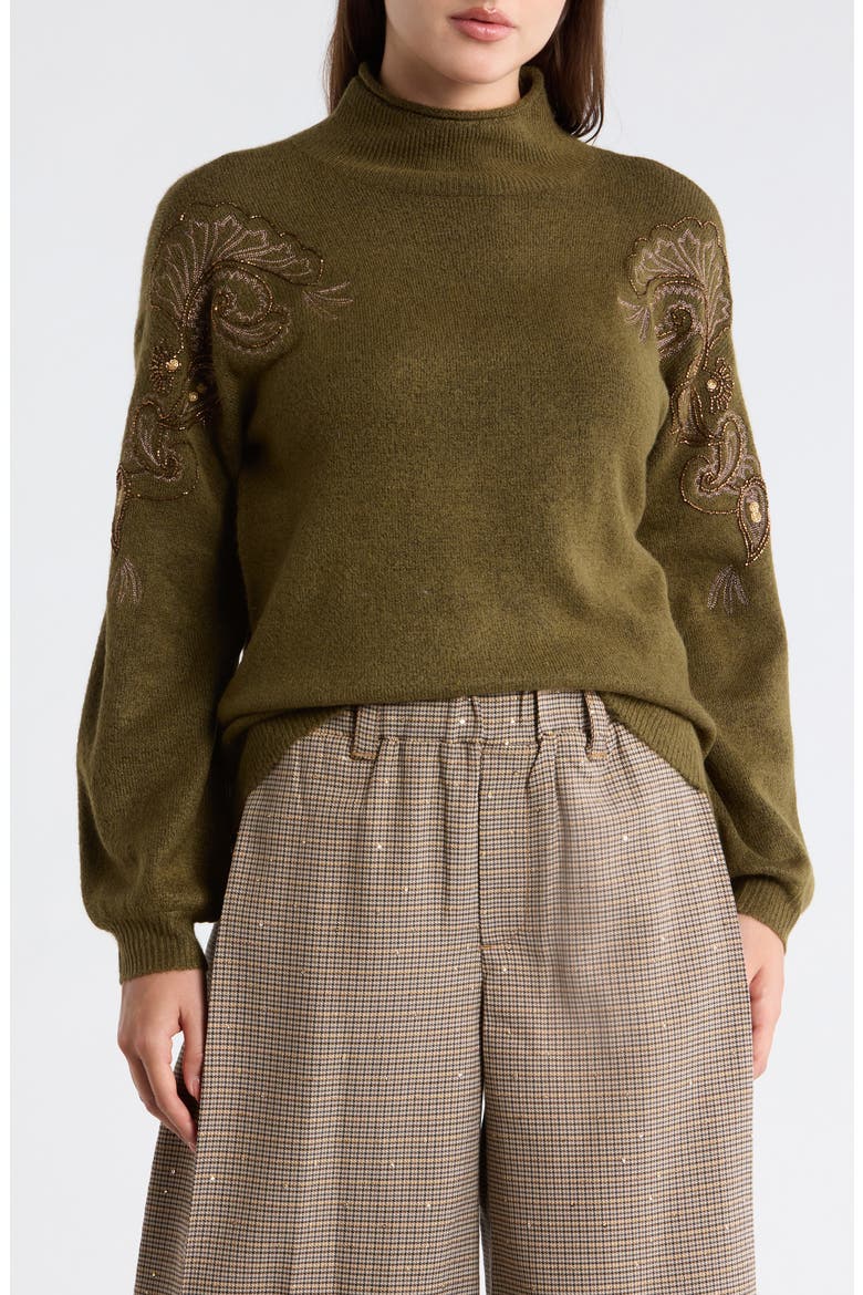 Paisley Beaded Mock Neck Sweater, Main, color, NORI GREEN/ MATTE GOLD
