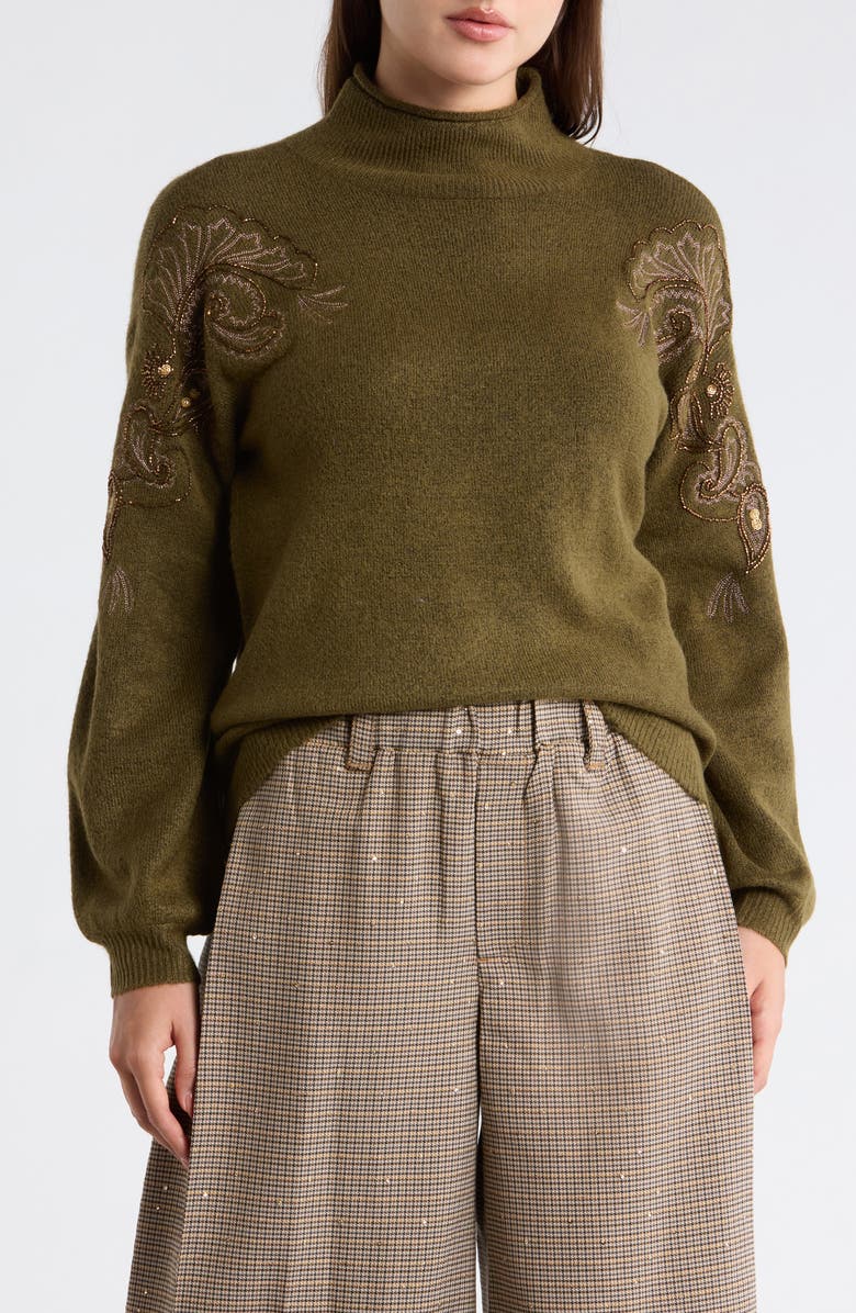 Democracy Paisley Beaded Mock Neck Sweater, Main, color, Nori Green/ Matte Gold