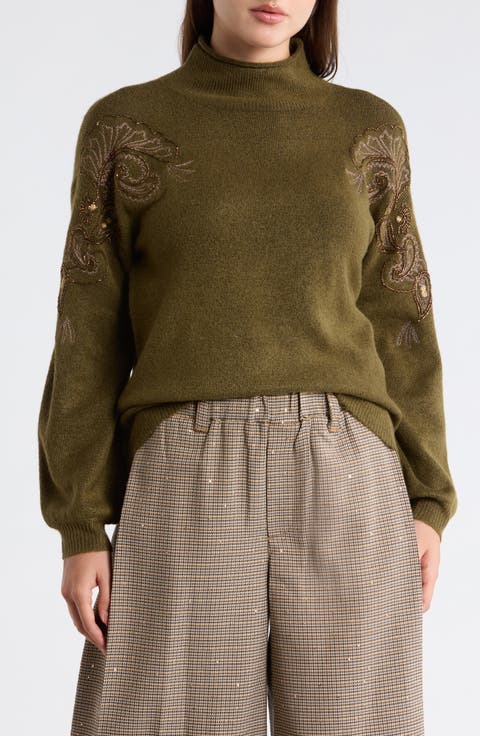 Paisley Beaded Mock Neck Sweater