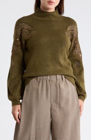 Democracy Paisley Beaded Mock Neck Sweater