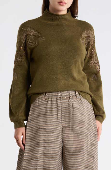 Democracy Paisley Beaded Mock Neck Sweater