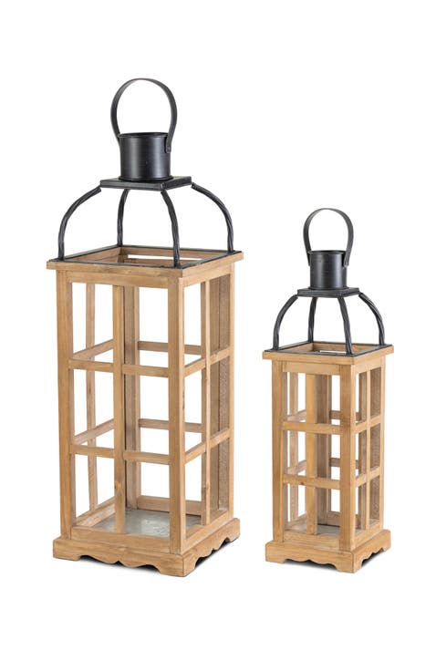 Set of 2 Farmhouse Vintage Wood & Metal Lanterns Candle Holders with Hanger