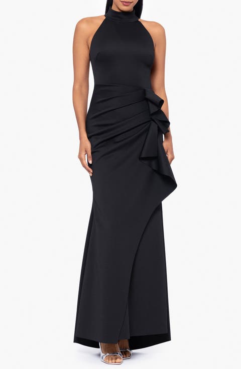 Ruffle Halter Neck Scuba Knit Gown (Regular & Petite)