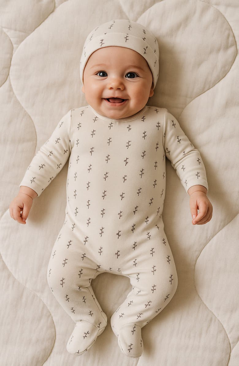 Manière Floral Print Cotton Blend Footie & Beanie Set, Alternate, color, Off White