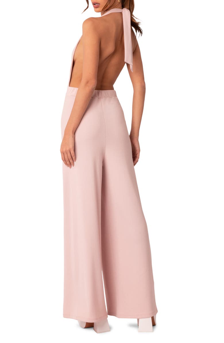 EDIKTED Halter Neck Rib Wide Leg Jumpsuit, Alternate, color,