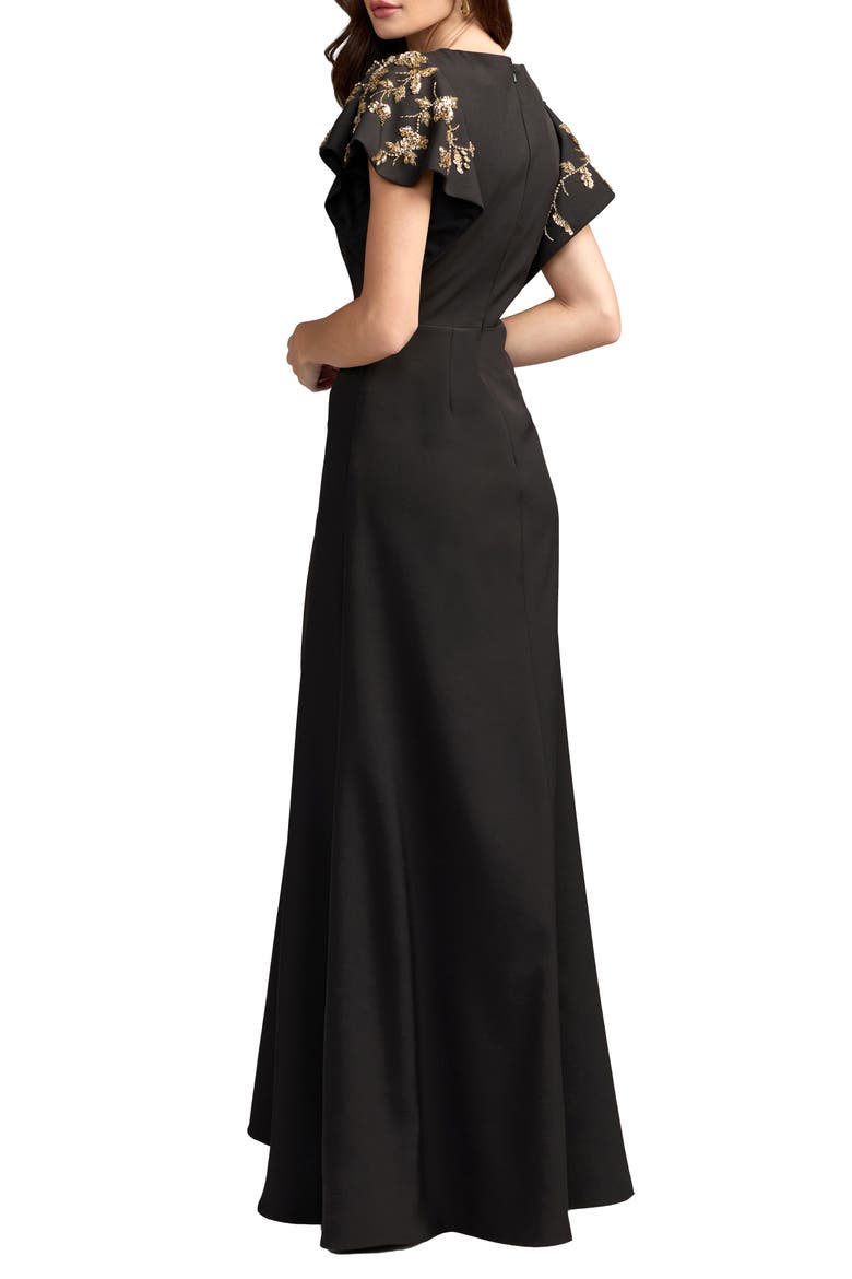 Embellished Flutter-Sleeve Crepe Gown, Alternate, color, Black Gold