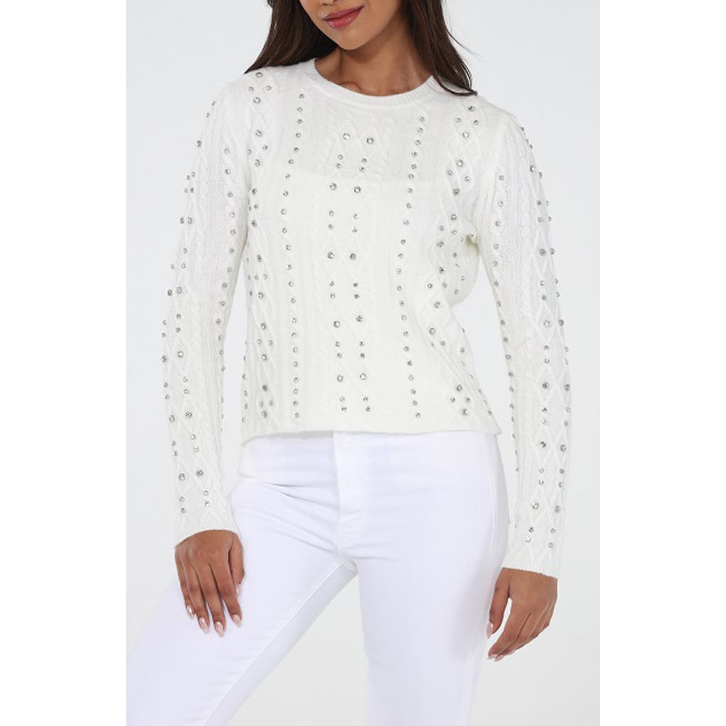 Rain And Rose Beaded Embellished Cable Stitch Sweater In White