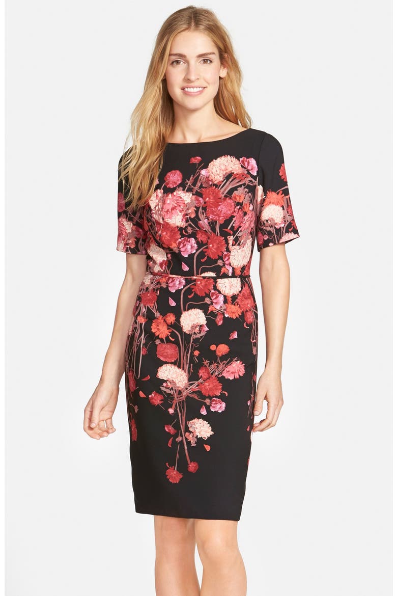 Placed Floral Print Crepe Sheath Dress, Main, color, BLACK MULTI