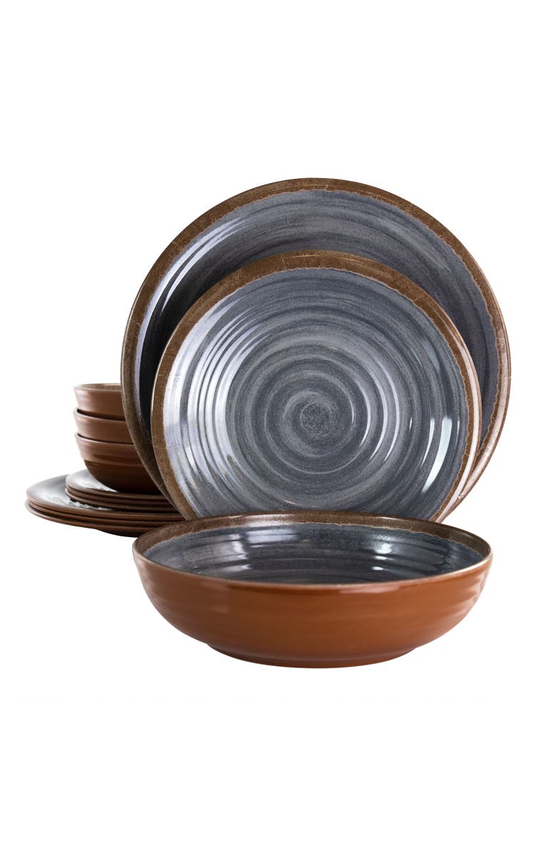 Elama Stone Oak 12 Piece Lightweight Melamine Dinnerware Set, Main, color, Black