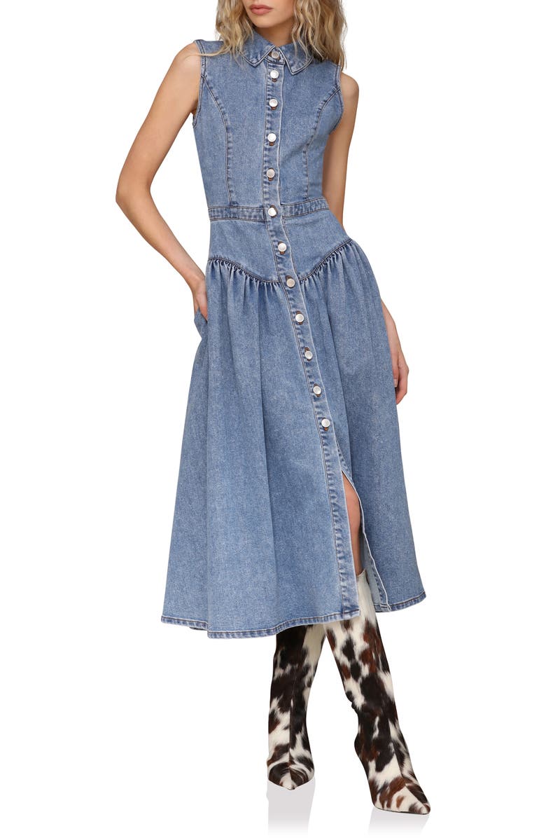 Avec Les Filles Sleeveless Denim Midi Dress, Main, color, Medium Wash