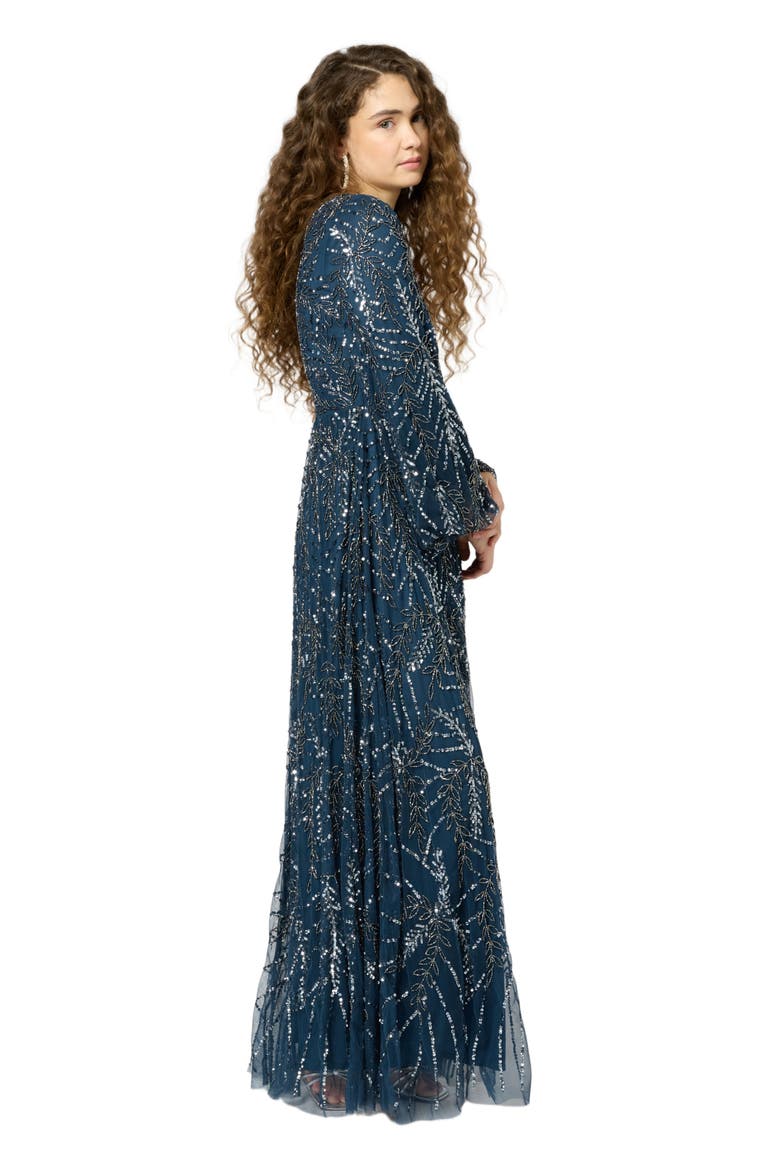Occasion Modest Embellished Sequin Beaded Floral Long Sleeves Evening Maxi Dress, Alternate, color, NAVY