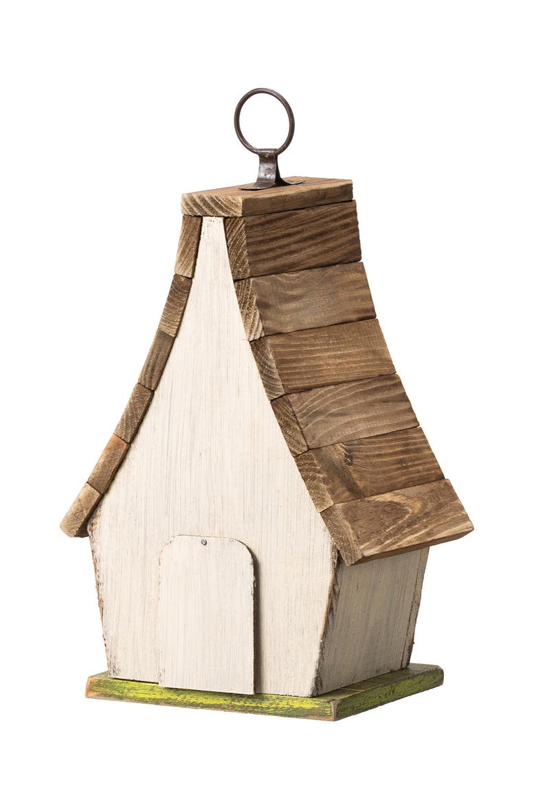 9.5"H Distressed Solid Wood Birdhouse with 3D Leaves, Alternate, color, White