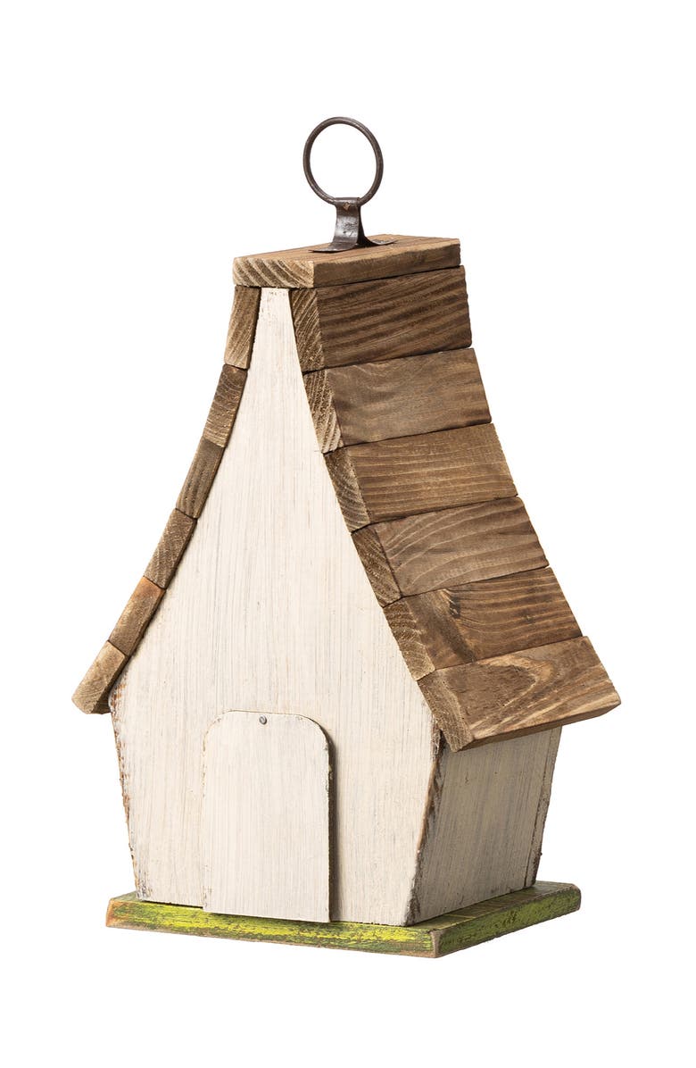 Glitzhome 9.5"H Distressed Solid Wood Birdhouse with 3D Leaves, Alternate, color, White