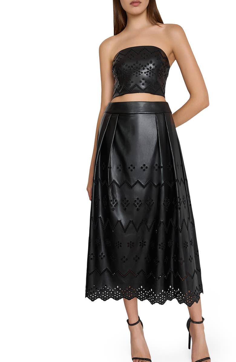 Milly Jolene Embroidered Eyelet Faux Leather Skirt, Alternate, color, Black