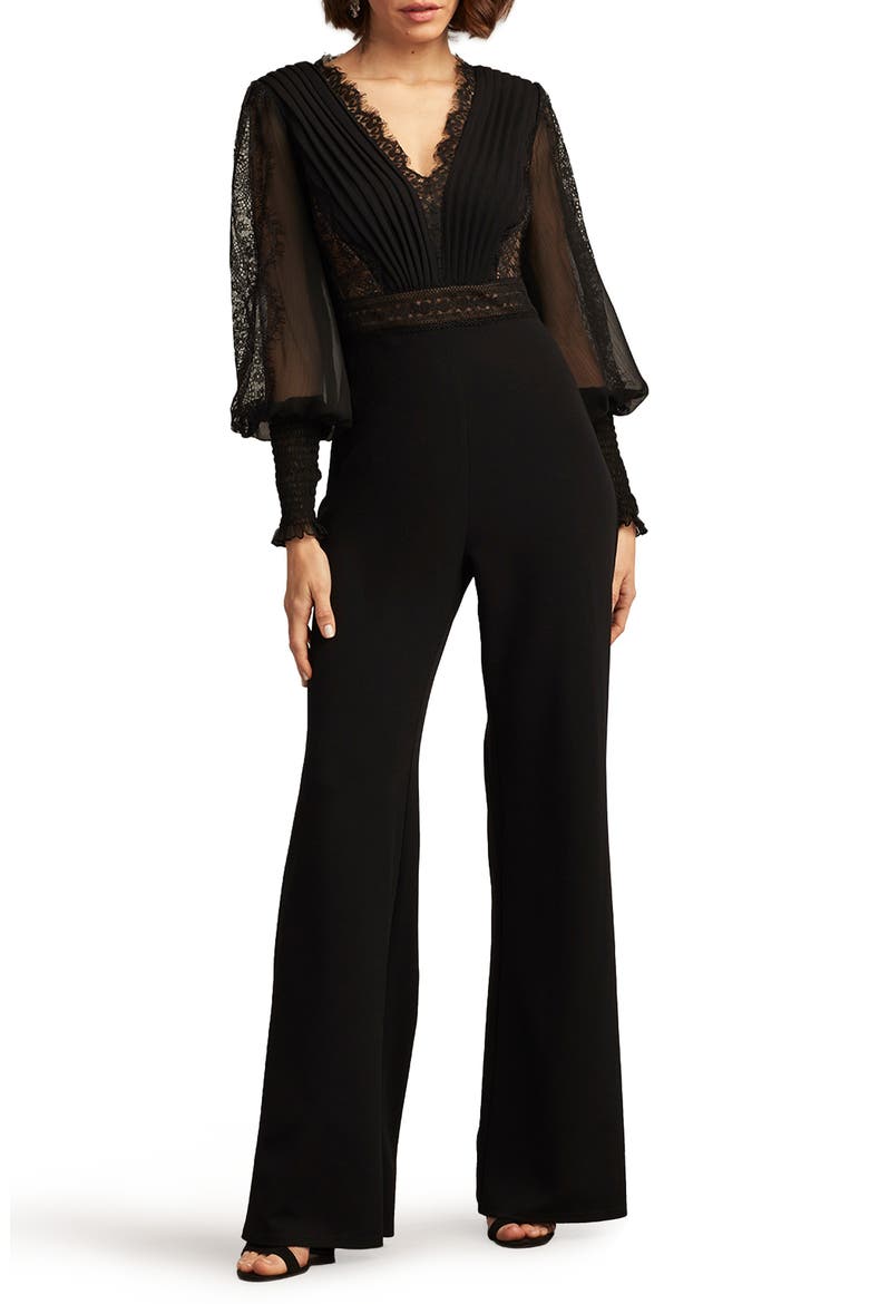 Pintuck Pleat Long Sleeve Jumpsuit, Main, color, BLACK/NUDE