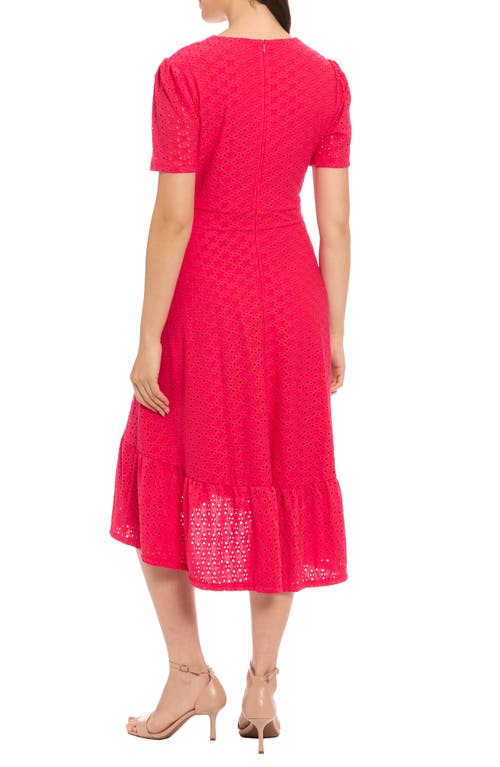London Times Stretch Eyelet Short Sleeve Ruffle Wrap Dress In Rose Red