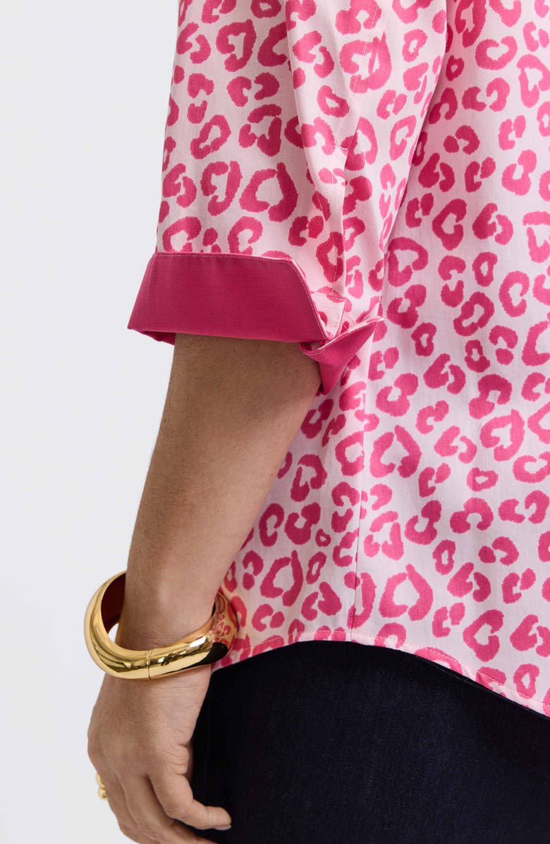 Foxcroft Margie Leopard Print Three-Quarter Sleeve Cotton Button-Up Shirt, Alternate, color, Pink Flambe Multi
