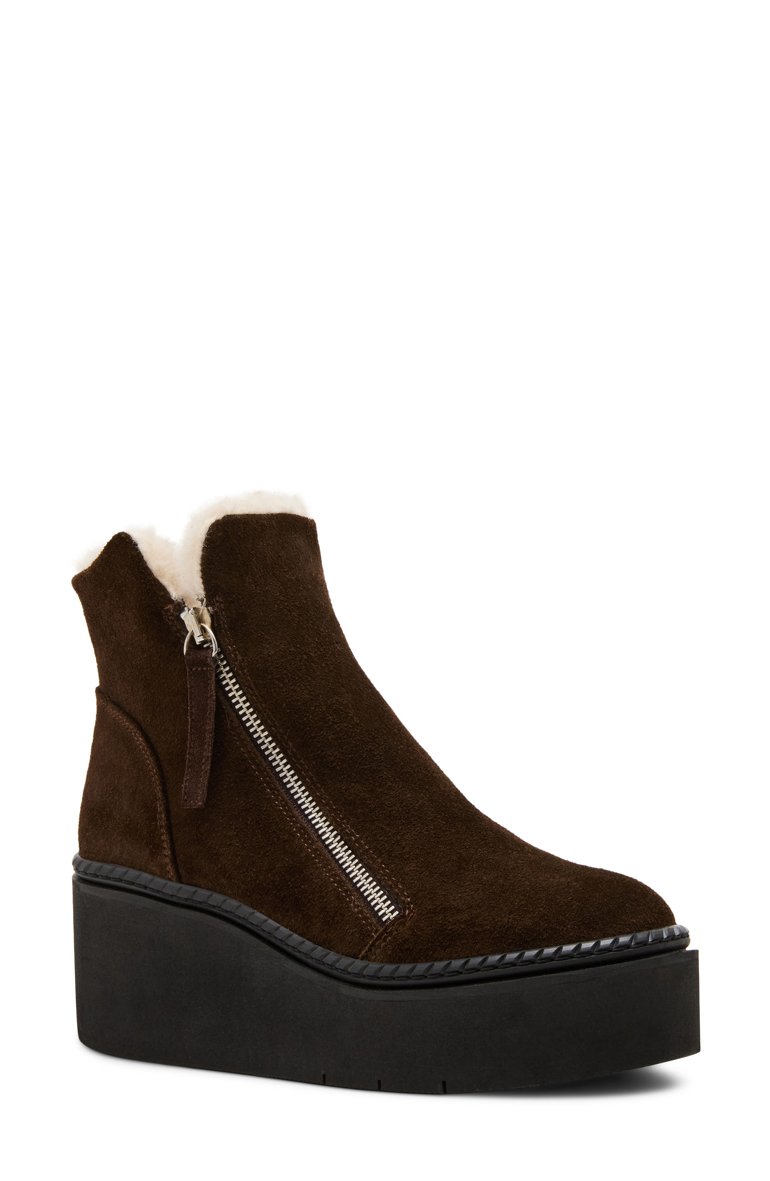 Steve Madden Drift Platform Genuine Shearling Lined Wedge Bootie, Main, color, Brown Suede