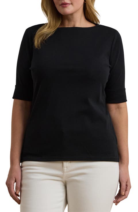 Judy Elbow Sleeve Boat Neck Stretch Cotton Top (Plus)